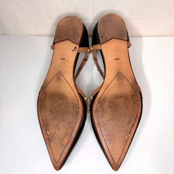 HALOGEN Olson Flats Women's 9.5 Studded T-Strap Black Gold Leather Edgy Workwear - Picture 8 of 10